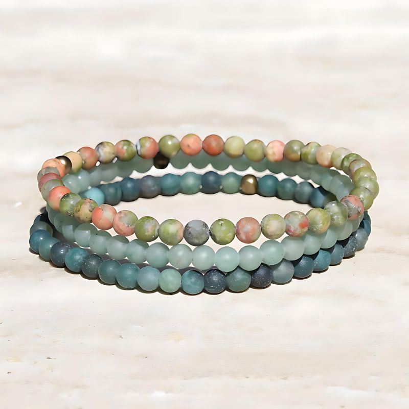 Virgo Zodiac Natural Energy Healing Gemstone Bracelet Set // Howlite, Moss Agate & Tourmalinated Quartz // Stretchy hot Elastic Bead Bracelet