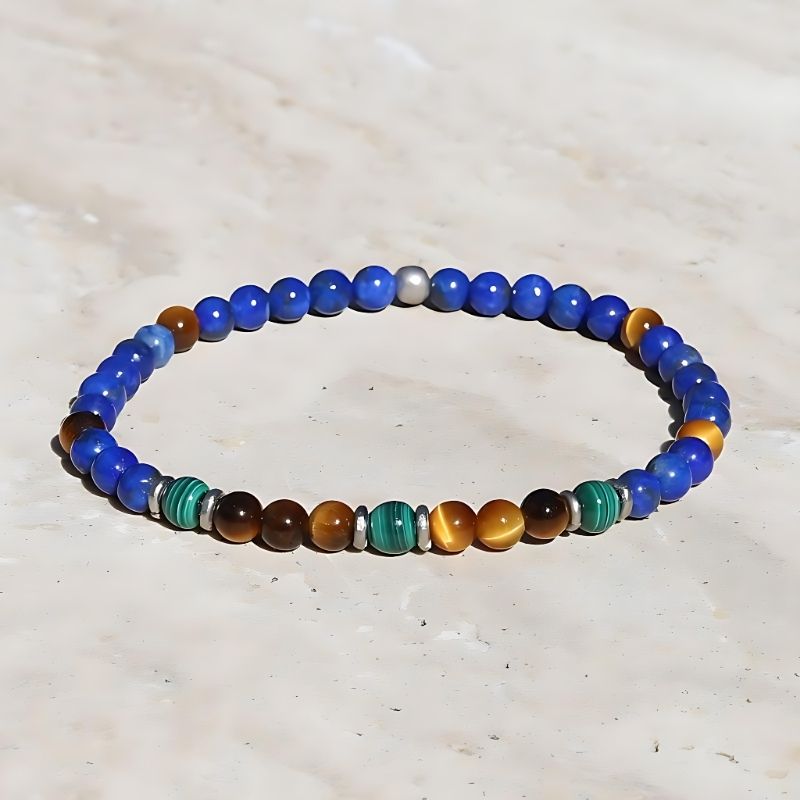 Men's Spiritual Healing, Harmony, Fortune Bracelet deals with Semi Precious Hawks Eye or Blue Tiger's Eye, Tibetan Resin Silver Capped Guru Bead