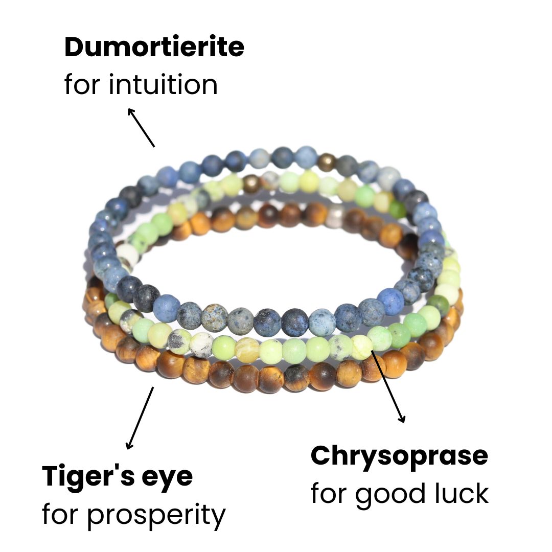 Genuine Dumortierite Chrysoprase & Tigers Eye gemstones meaning
