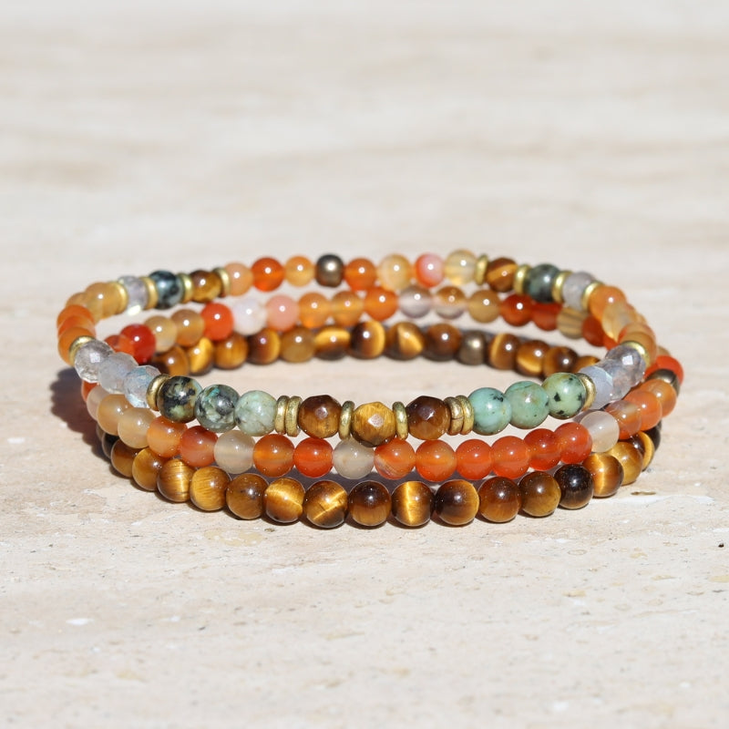 "Vitality and Prosperity" Carnelian and Tigers Eye Delicate Bracelet Stack