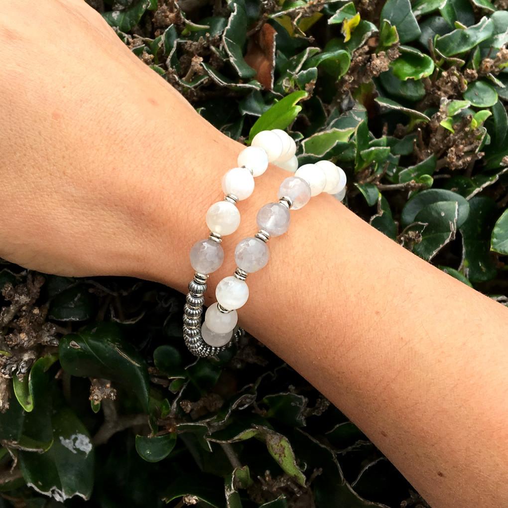 Love and Abundance, Moonstone and Cloudy Quartz 27 Bead Wrist Mala Bracelet