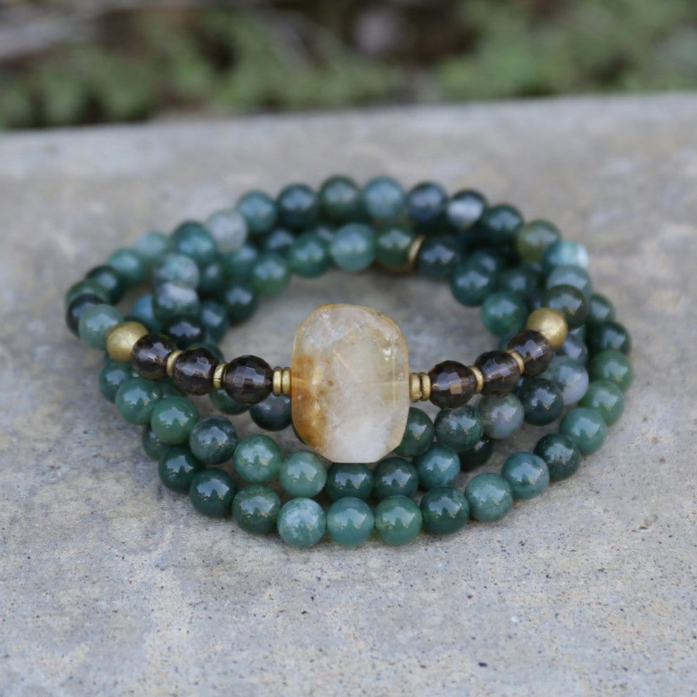 Moss Agate and Smoky Quartz Mala Bracelet – Lovepray jewelry