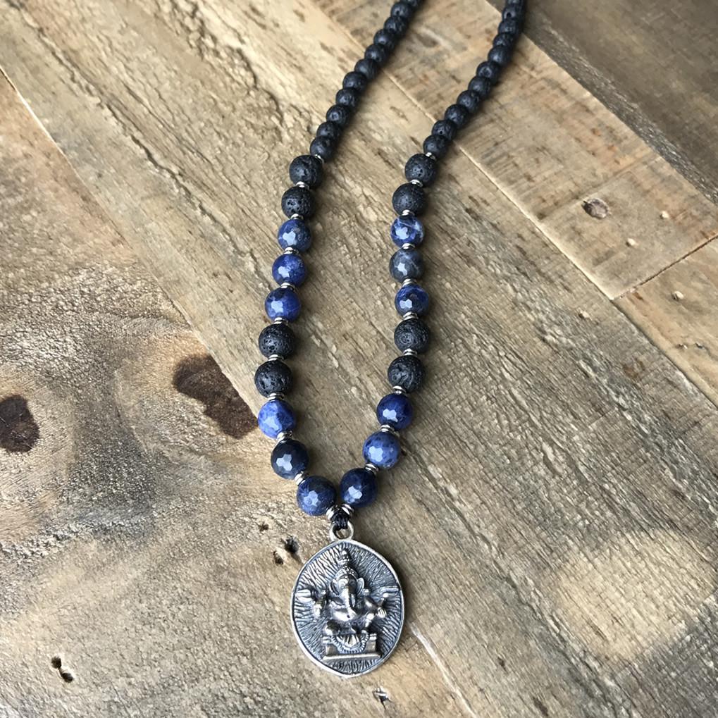 Necklaces - Third Eye Chakra Aromatherapy Lava Rock Mala Beads With Ganesh Pendant